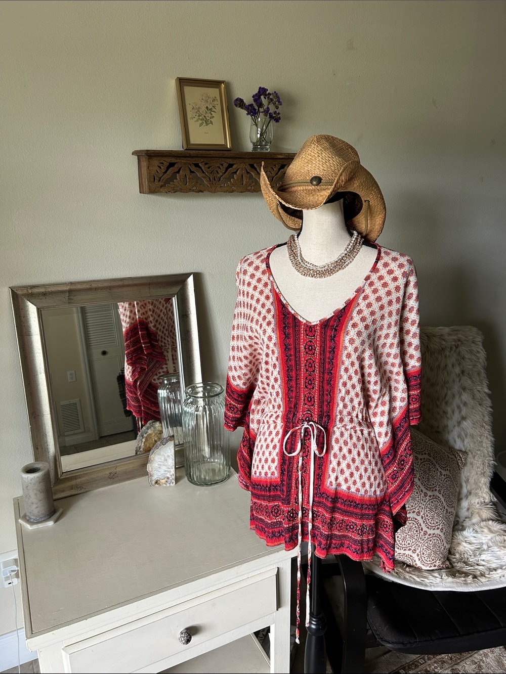 Angie cream, red floral, Boho V-neck, oversized festival tunic blouse M